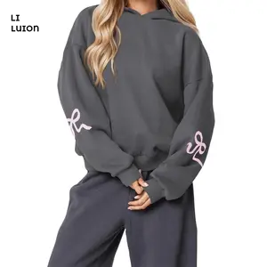 Women's Bow Print Hoodies Oversized Long Sleeve Hooded Sweatshirts Graphic Drop Shoulder Pullover Tops Y2K Clothing