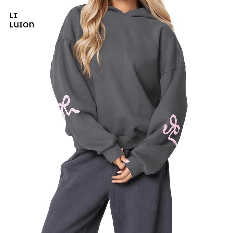 Women's Bow Print Hoodies Oversized Long Sleeve Hooded Sweatshirts Graphic Drop Shoulder Pullover Tops Y2K Clothing