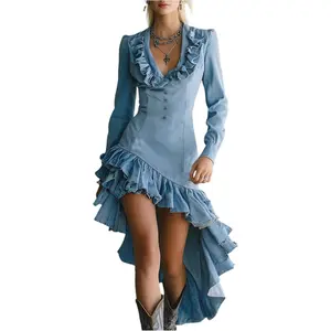 Women's Casual Elegant Long-Sleeve Woven Denim Dress - Vintage Western Pastoral Style, Ruffled Washable, Victorian-Inspired, Irregular Hem, Spring-Winter Cowgirl Outfit