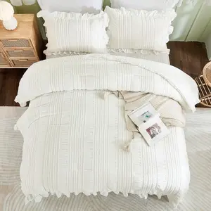 3 Pieces Seersucker Ruffled Comforter Set Queen King Size Soft Microfiber Pure White Bedding Set Lightweight Bed Comforter with Tufted Pillowcases