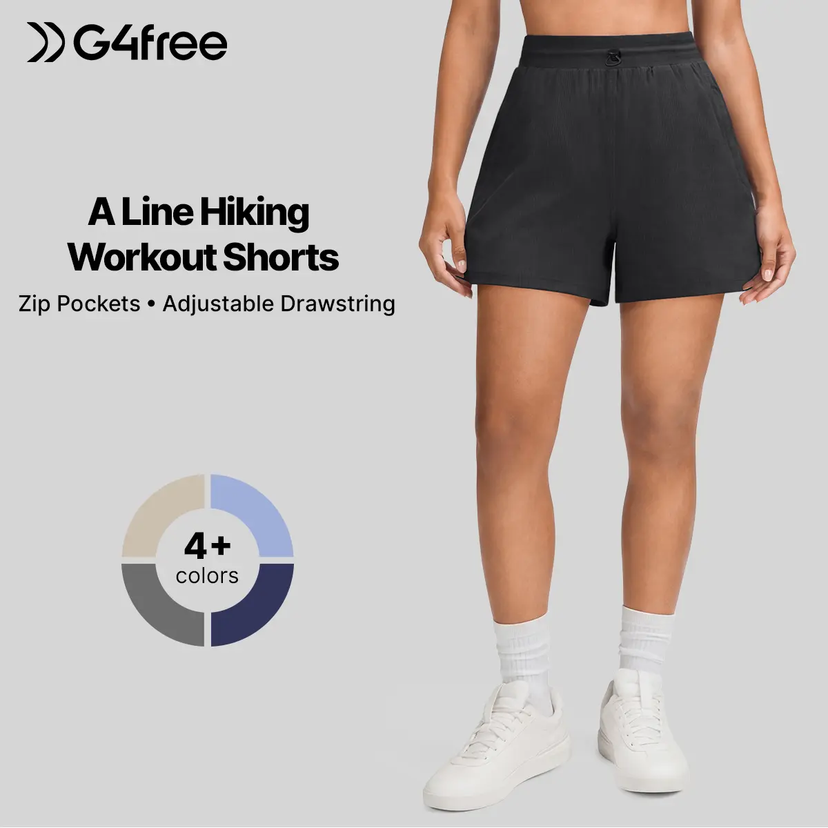 G4Free High Waisted Hiking Shorts Women 3.5''-Adjustable Drawstring A Line Workout Shorts with Zip Pockets