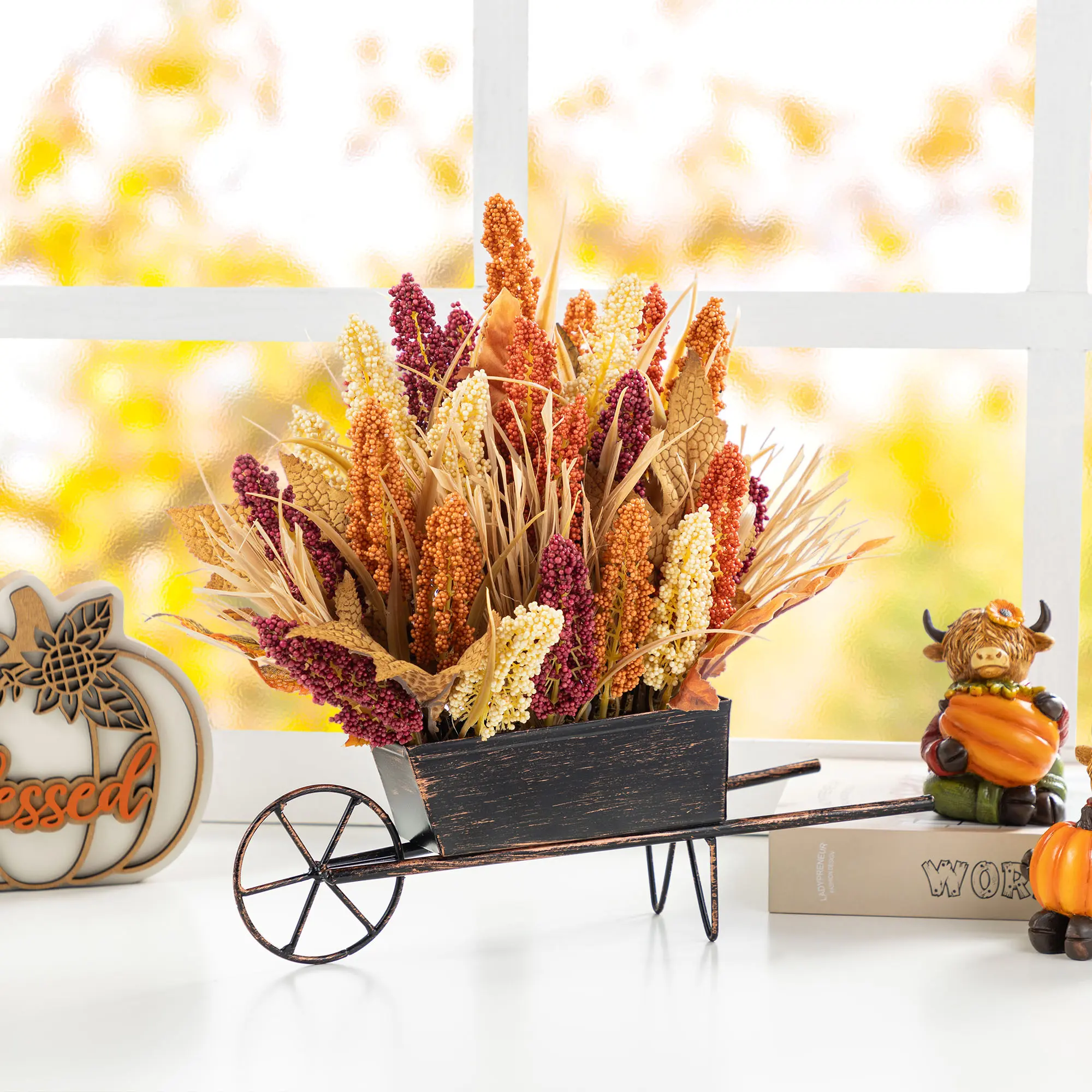 Glitzhome 15"H Fall Multi-Colored Sorghum Cart Centerpiece