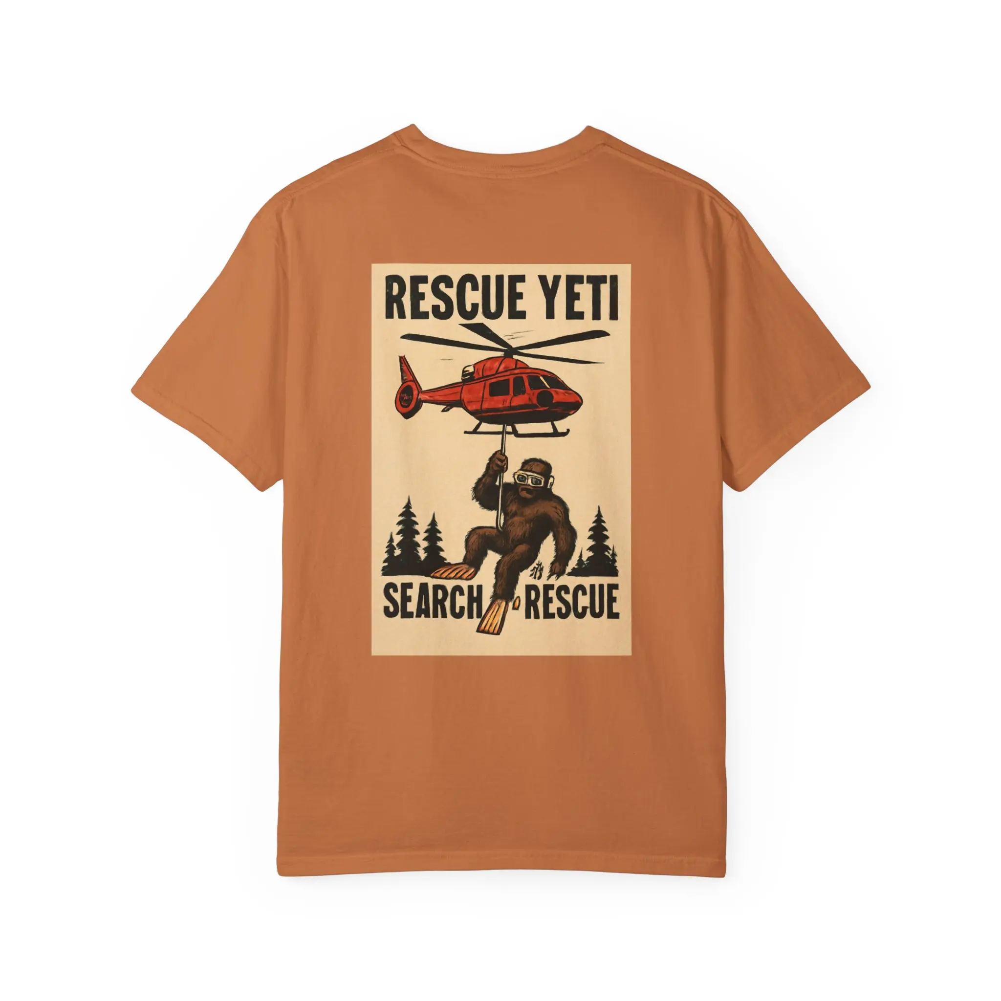 Men's Rescue Yeti Search & Rescue T-Shirt - Yeti Helicopter Wilderness Print, Relaxed Fit, Short-Sleeve Comfort Color Vintage Top, Tshirt, Shortsleeve, Streetwear, Casual, Fabric, Tee, Cotton, Menswear, Garment Dyed