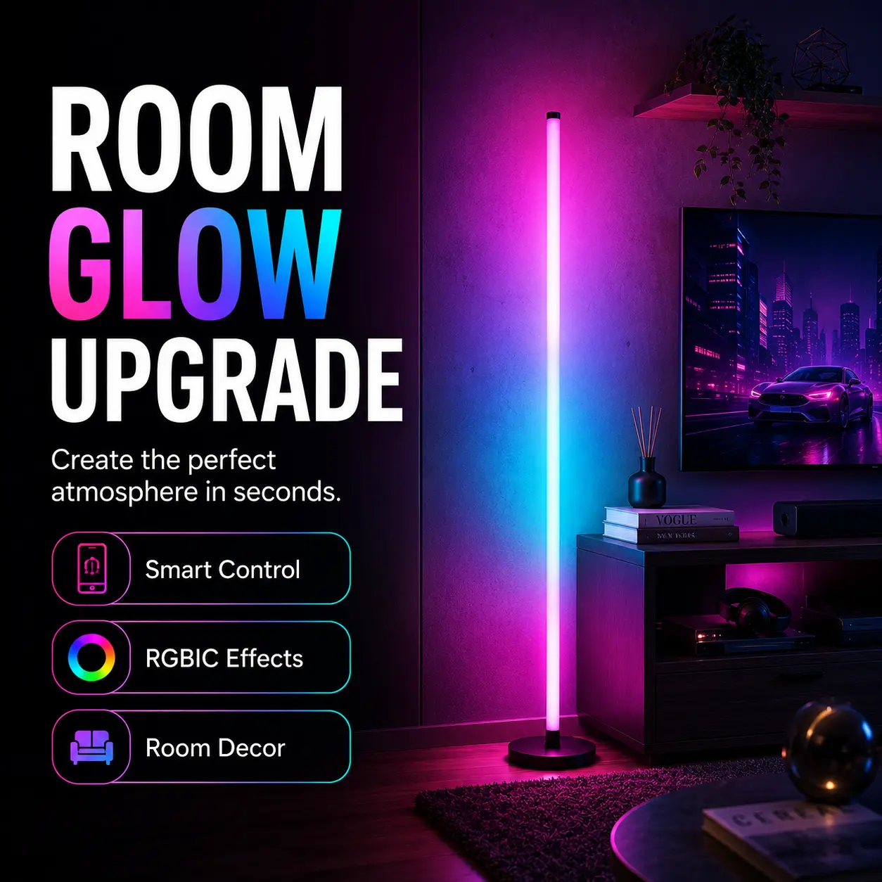 1PC/2PCS RGBIC Corner Floor Lamps with Music Sync, Smart App & Remote Controlled LED Backlights for Dual-Side TV, Gaming Desk, Bedroom and Living Room Decor