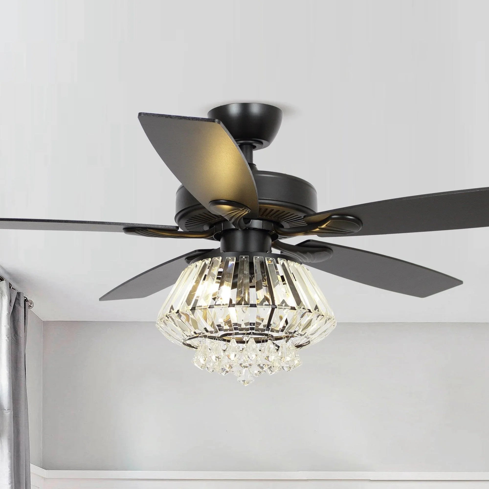 52" Kerala Modern Chrome Crystal Ceiling Fan, Downrod Mount, Reversible Blades with LED Light & Remote Control