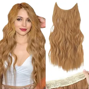 AISI HAIR Invisible Wire Hair Extensions 20 Inch Light Color with Transparent Wire, Secure Clips, Adjustable Size, Long Wavy Hairpiece for Women Blonde Synthetic Wig
