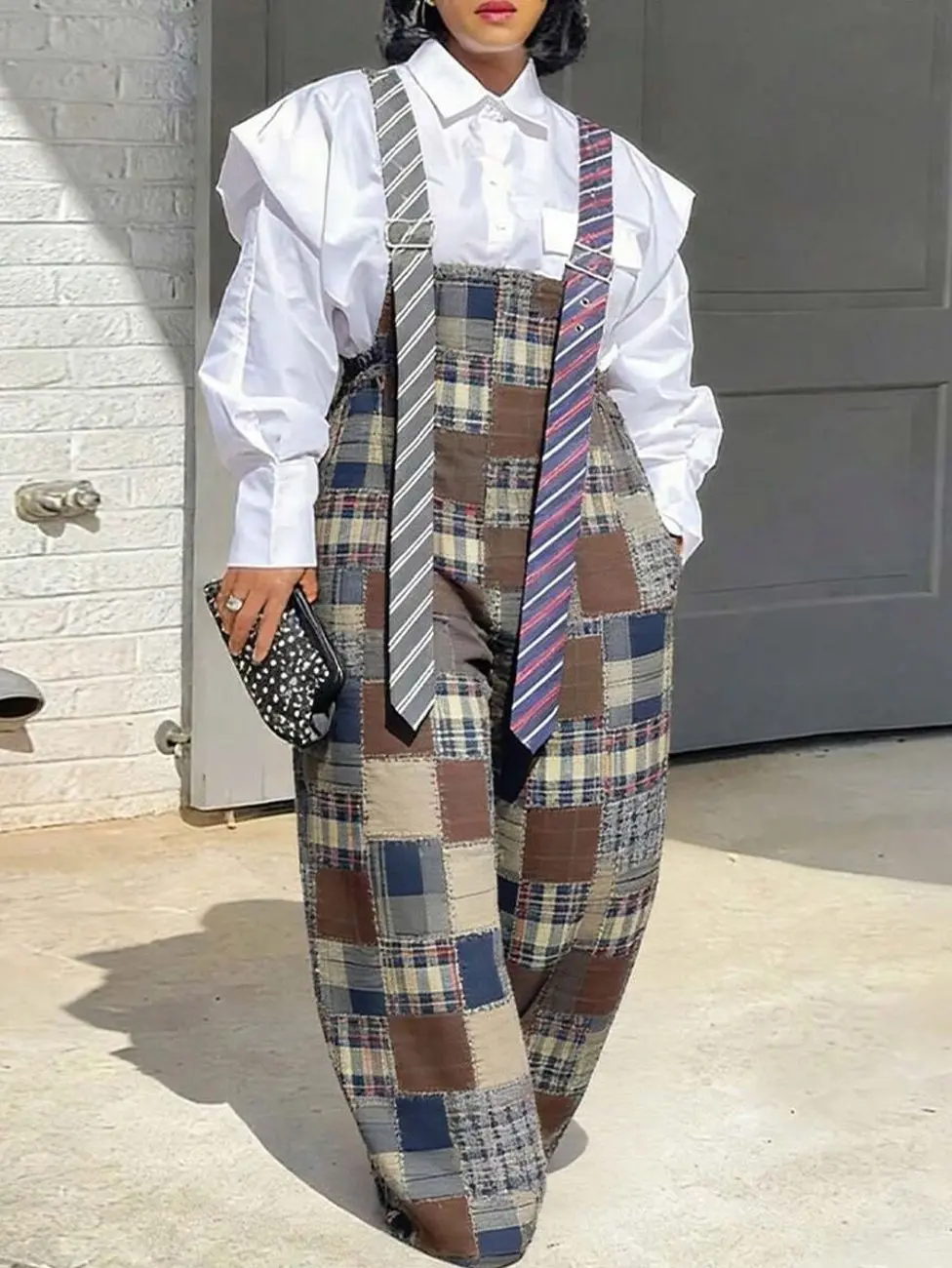Women High‑Waisted Jumpsuit, Patch‑Work Plaid Full‑Length Overalls With Adjustable Striped Suspenders For Street Daily Party Wear