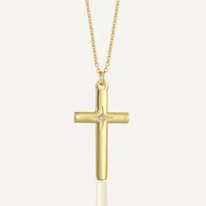 Gold Natural Diamond Cross Necklace for Women, Dainty Gold Diamond Accent Cross Pendant Jewelry Religious Blessing Gift for Mom, Wife