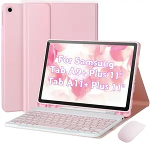 Keyboard Case With Mouse for Samsung Galaxy Tab A9+/Plus 11inch 2023(SM-X210/X216/X218), Bluetooth Keyboard Cover With BT Mouse and Pencil Holder, Pink