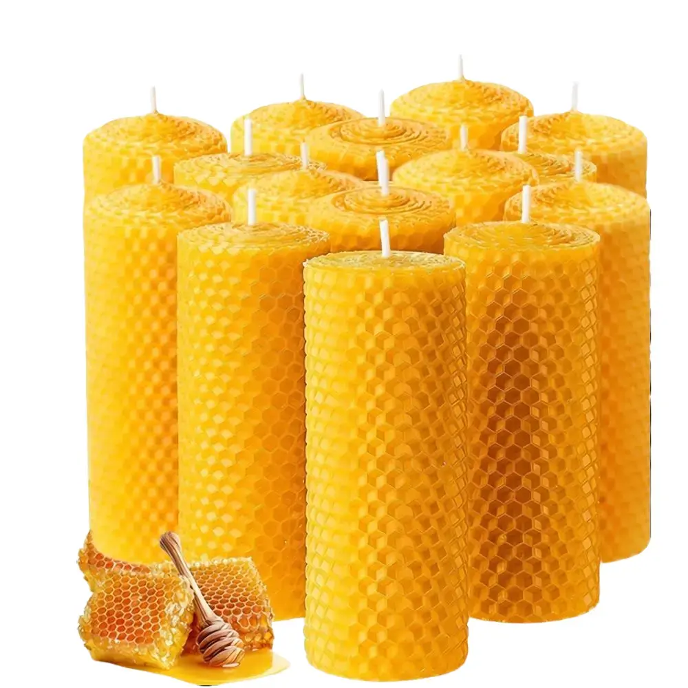12pcs yellow beeswax pillar candles 3.5x10cm handmade rolled honeycomb texture unscented mild honey aroma clean burning home holiday mood lighting decorative souvenir gift #SummerWins #DealsForYouDays
