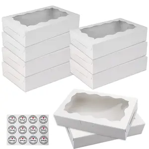 White Cookie Boxes with Window And Stickers,7.09'x4.9'x1.57' Treat Boxes for Dessert, Strawberry, Bakery, Pastry, Candy, Truffle