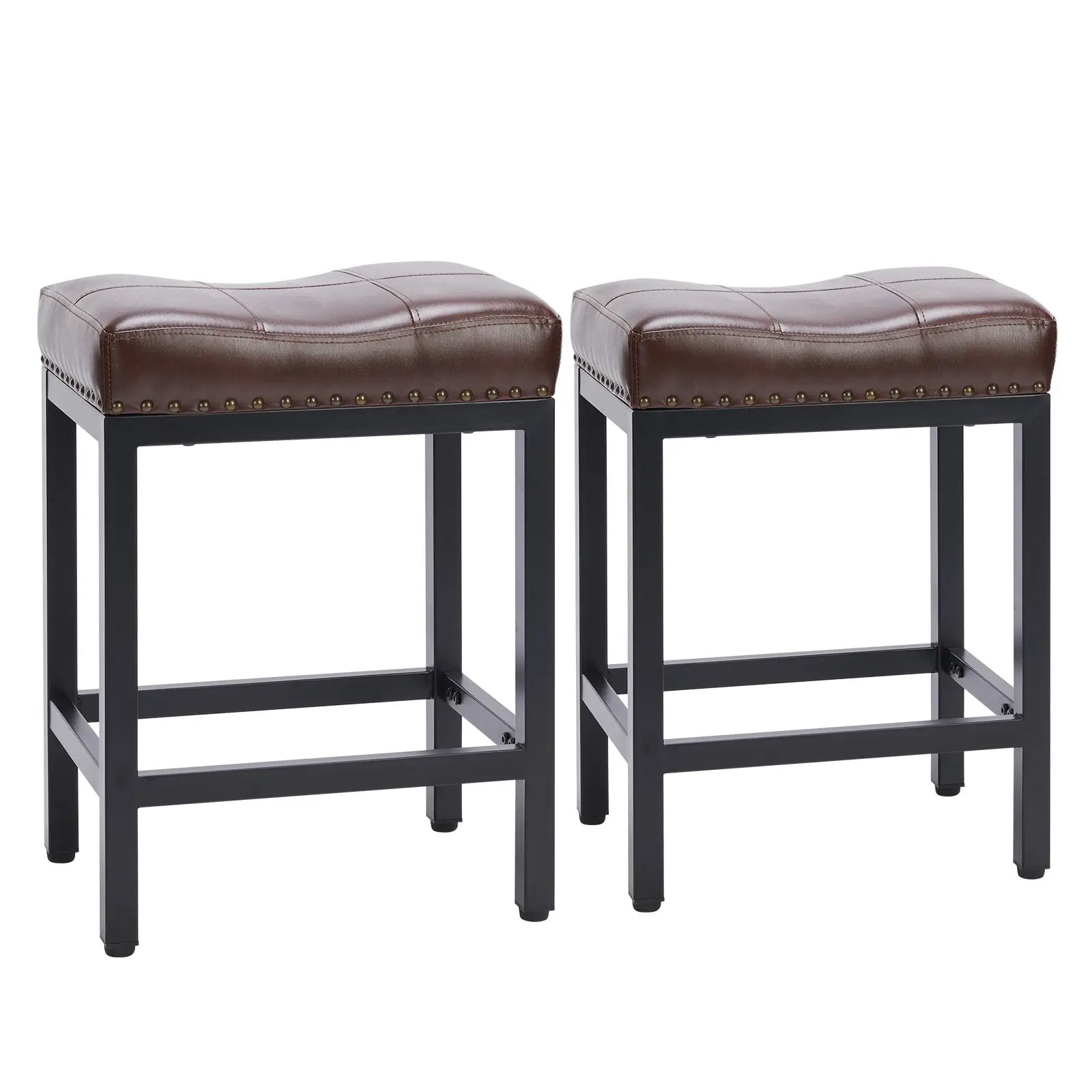 Saddle Bar Stools Set of 2 Counter Height 24-Inch Modern PU Leather Barstools with Metal Base, Footrest, Upholstered Bar Chairs for Kitchen Island