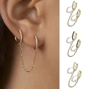 New Fashion Gold Huggie Ear Cuff – Double Piercing Hoop Earrings for Women & Men, Retractable Chain Unisex Brincos