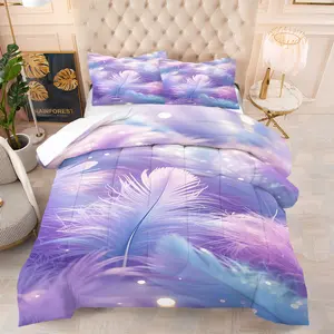2/3 Sets of Colorful Feather Printed Bedding Set, Goose Feather Pattern Comforter Set, Ultra-Fine Fiber Soft and Breathable, Simple and Fashionable Bedroom Decoration Products, Including 1 Quilt and 1/2 Pillowcases