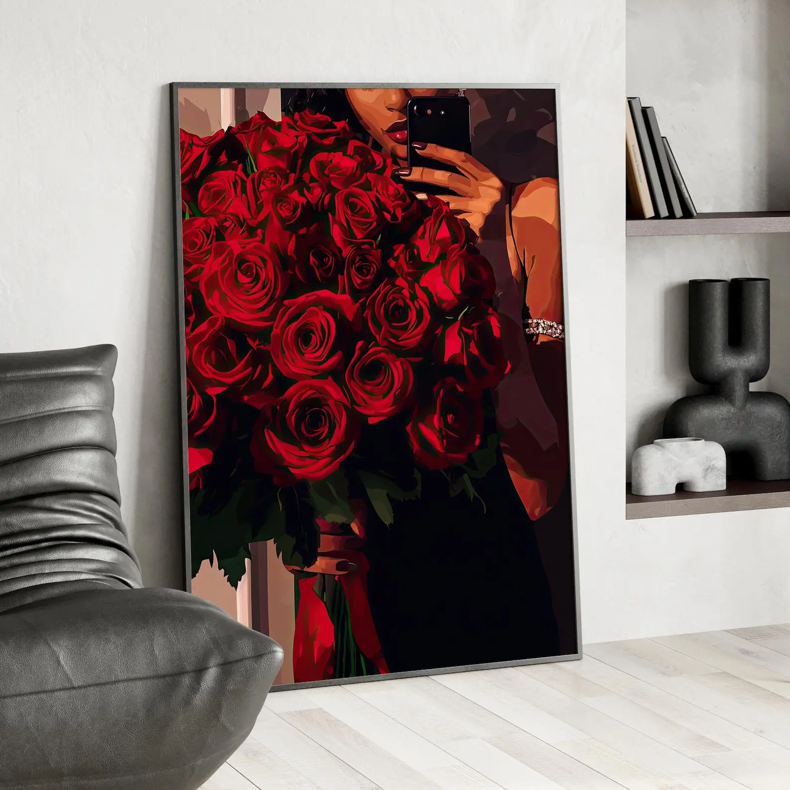 Black Woman with Huge Red Roses Bouquet, Realistic Vector Art Print Poster Decor Artwork
