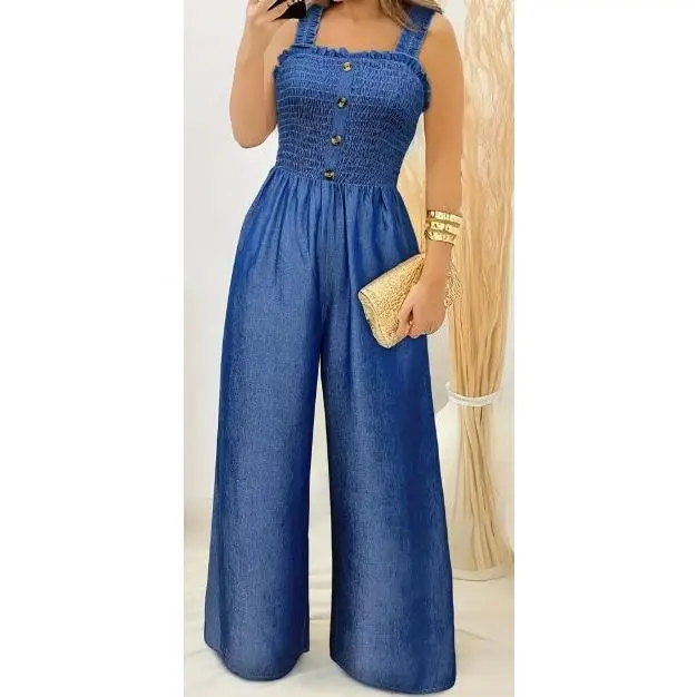 Stylish Ruched Jumpsuit - Sleeveless, Shirred, Wide Leg, Solid Color, Button Decor, Casual, Spring & Summer Essential - Women's Fashion Clothing For W