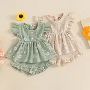 Toddler Baby Girl Summer Clothes Daisy Print Pleated Small Fly Sleeves Top Shorts Two-Piece Set