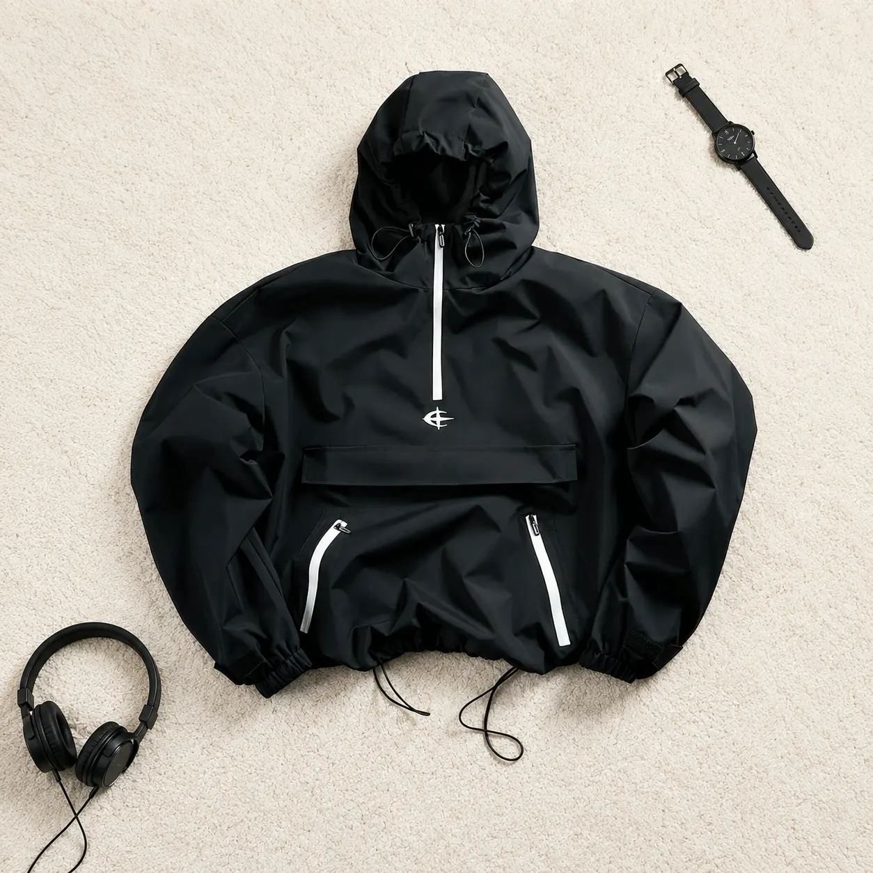 Men's Minimalist Anorak Jacket, Water-Repellent Techwear Pullover, Half-Zip Hooded Streetwear Coat with Utility Pocket, Menswear, Fabric, Coats, Plain, Drape, Outdoor, Breathable