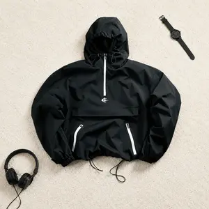 Men's Minimal Black Anorak Jacket| Techwear Half Zip Oversized Streetwear Coat, Utility Core Windbreaker, Darkwear Aesthetic, Baggy Urban Fashion, Layering Essential, Viral Street Style 2026