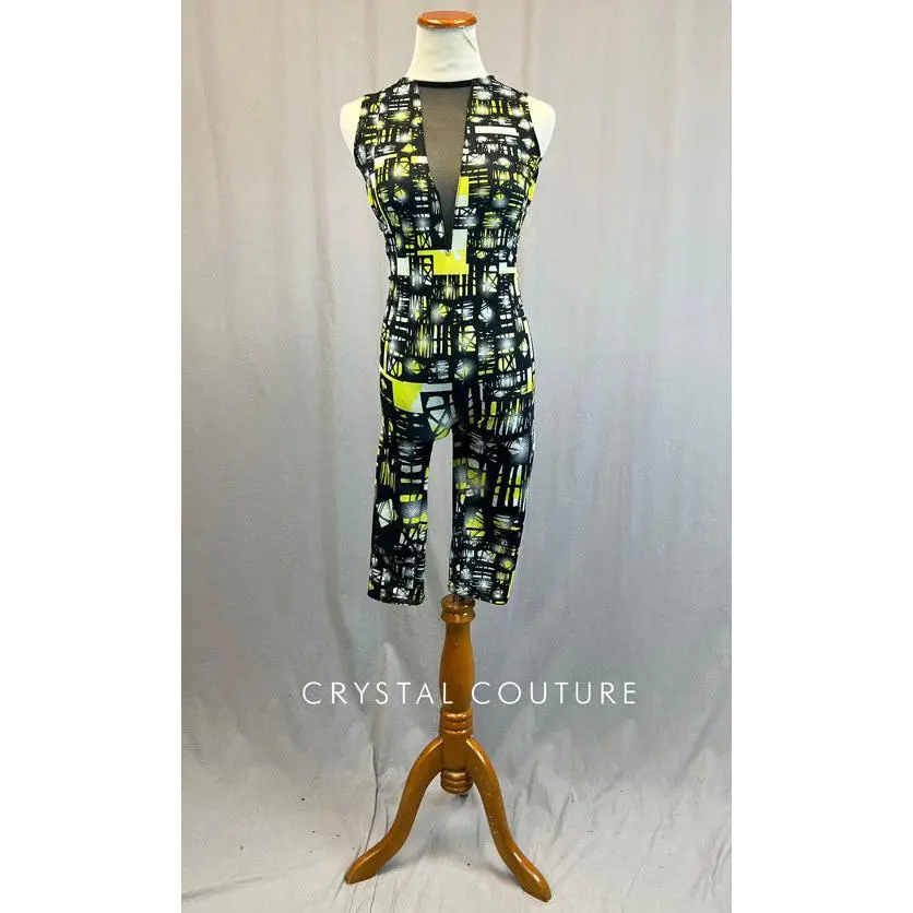 Black and Yellow Abstract Print Biketard with Mesh V Neck