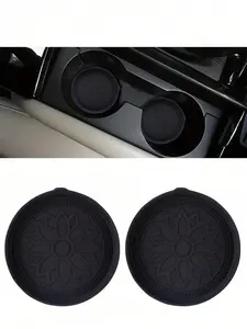 2pcs Black Round 3D Pattern Silicone Non-Slip Coaster Cup Mat, Waterproof Dustproof, Fit For All Cars
