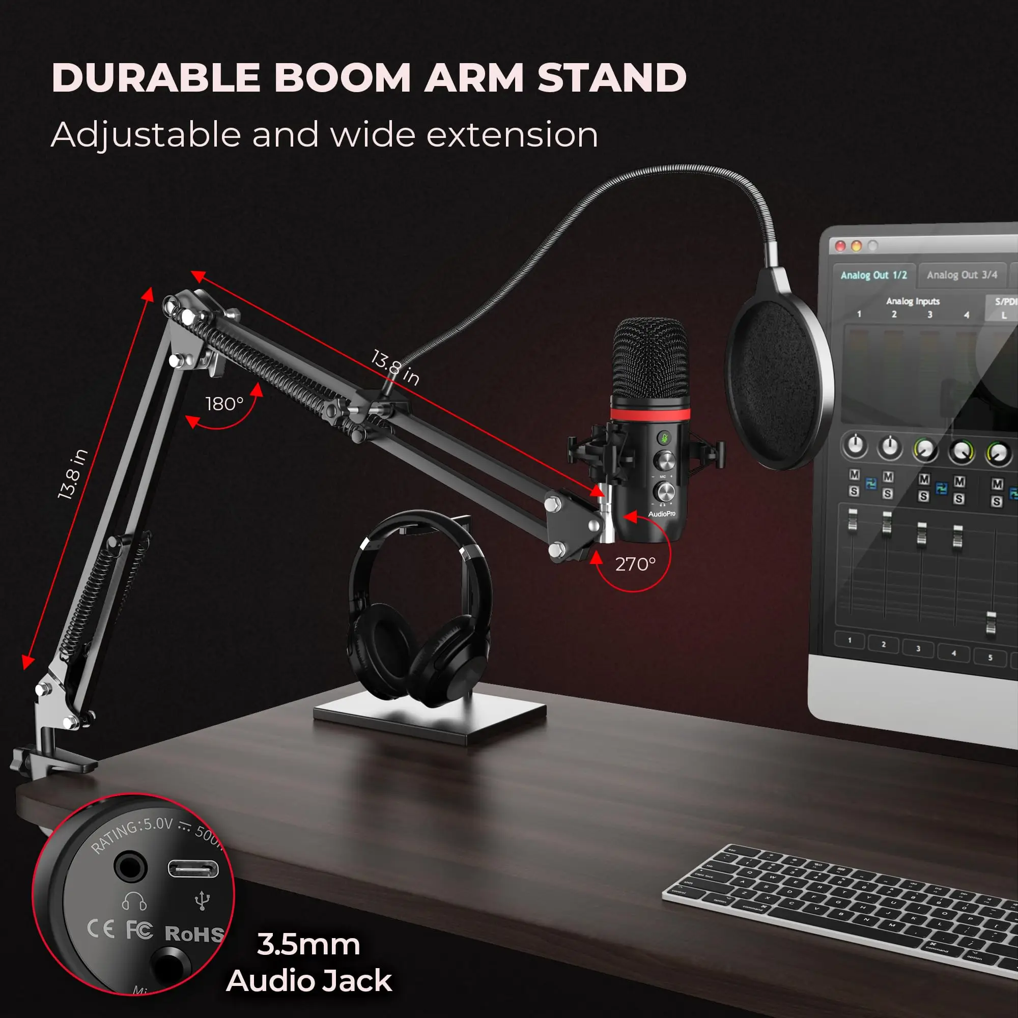 Gaming USB Microphone with Boom Arm, Podcast Condenser Mic with Pop Filter, Mute Button for PC/Laptop/Phone/PS4/5 Gamer, Youtubers, Computer Mic for P