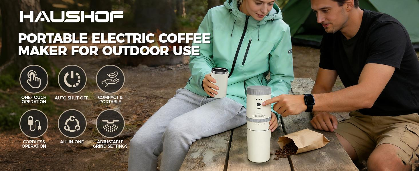 #backtoschool HAUSHOF Portable Coffee Grinder, Camping Coffee Makers, Portable Burr Coffee Grinder and Brewing Kit, Rechargeable, Personal Cordless Coffee Maker for Car, Camping, for Home Use