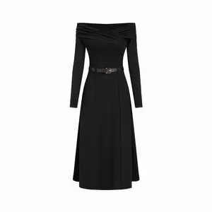 Cider Off-Shoulder Long Sleeve Solid A-line Maxi Dress With Belt