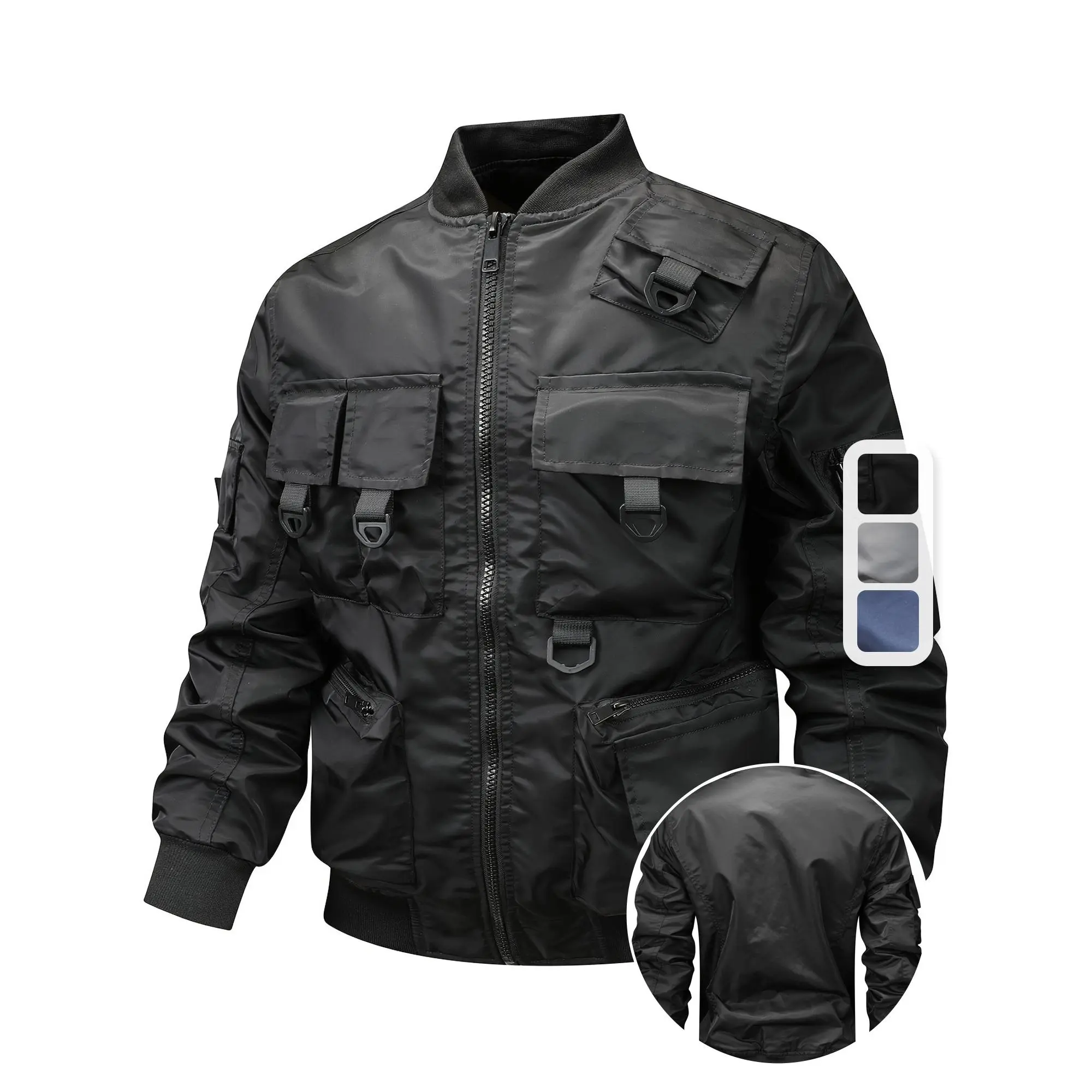 Men's Lightweight Nylon Cargo Jacket with Multiple Pockets, Zipper, Stand Collar, and Durable Flap Design – Perfect for Spring and Fall Outdoor Adventures, Spring Fall Jacket | Casual Tactic Jacket | Nylon Outdoor Jacket