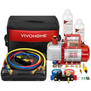 VIVOHOME 110V 1/2 HP 5CFM Dual-Stage HVAC Vacuum Pump & 4-Way AC Manifold Gauge Set Kit with Leak Detector 5ft Hoses for R134a R12 R22 R502 R410a Auto Air Conditioning Refrigeration Recharging Portable Tool Heavy Duty