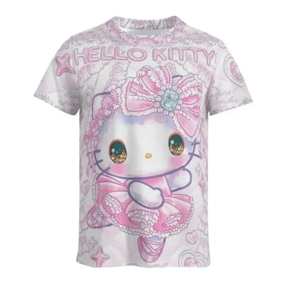 Hello Kitty Ballet Graphic T-Shirt for Women, Cute Pink Bow Print Short Sleeve Tee, Sweet Ruffle Crew Neck Casual Top