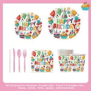 Reusable Tableware Set for 10, 20, or 30 Guests, Birthday Party Supplies with Paper Plates, Cups, Cutlery, and Napkins, Colorful Balloon Decorations