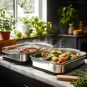 2pcs Extra Large Heavy Duty Stainless Steel Baking Pans with Lids - Non-Stick, Thick Rectangular Oven Trays for Desserts, Bread, and Seafood - Perfect for BBQs, Buffet Serving Trays |   Spacious Design |   Nonstick Surface, Baking Tray for OvenFFSummitSup