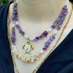 2 Layered Amethyst Chip Necklace with Pearls, Shell Beads & Sea Turtle Pendant – Handmade Healing Jewelry for Intuition, Ocean Energy, Two Layered