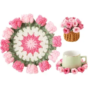 Flower Crochet Coasters Handmade Bouquet Blanket Coaster Fun Soft Decorative Drink Coasters for Coffee Tabletop Protection and Home Decor Pink 1Pc