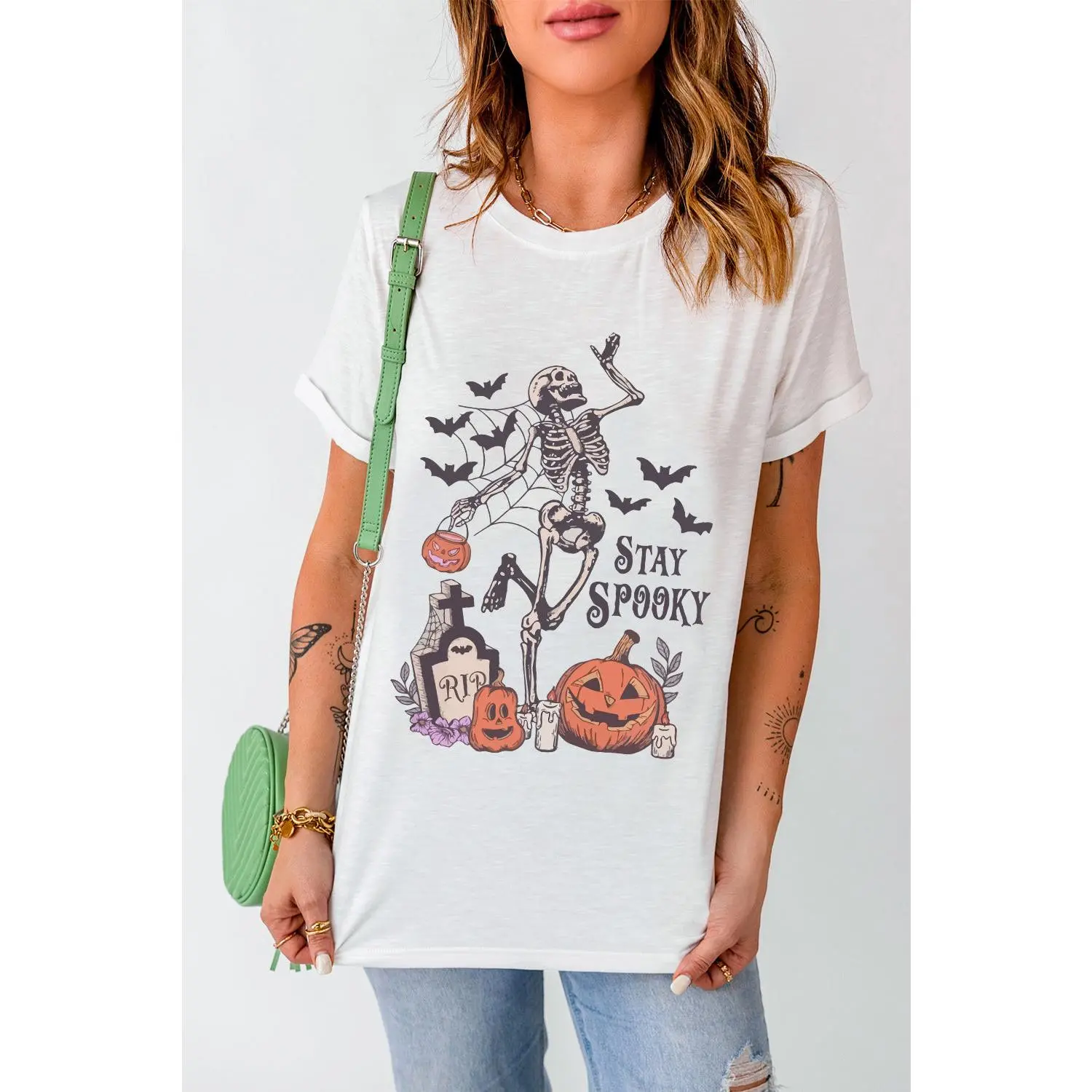 White Skull Pumpkin Face STAY SPOOKY Graphic Halloween T Shirt