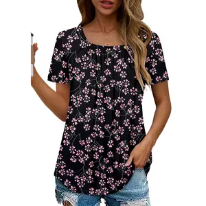 Angerella Womens Blouses Casual Square Neck Short Sleeve Pleated Tshirts Loose Fit Dressy Tunic Shirts