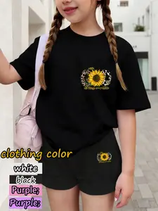 Girls Sunflower Slogan Set, Chest Pants 'with God' Leopard Sunflower Dual Print, Children Short Sleeve Shorts, Positive Energy Style, Casual Fashion Set, Cute Clothing Set, Fashion Clothes Set, Summer Clothing Set, Graphic Print Set