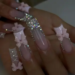 Pink Bow Blingbling Pearl Nails ,French Style Nails,Hand Painted Nail,Custom Press on Nails,3D Nails,Acrylic Nails,Girl Gift,Minimalist