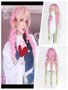 Anime Demon Slayer Cosplay Wig, Three Braids High Temperature Fiber Rose Net, Suitable for Anime Conventions and Parties