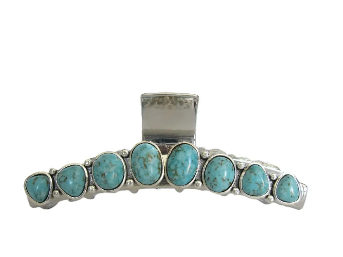 Long turquoise blue stone silver western style metal hair claw