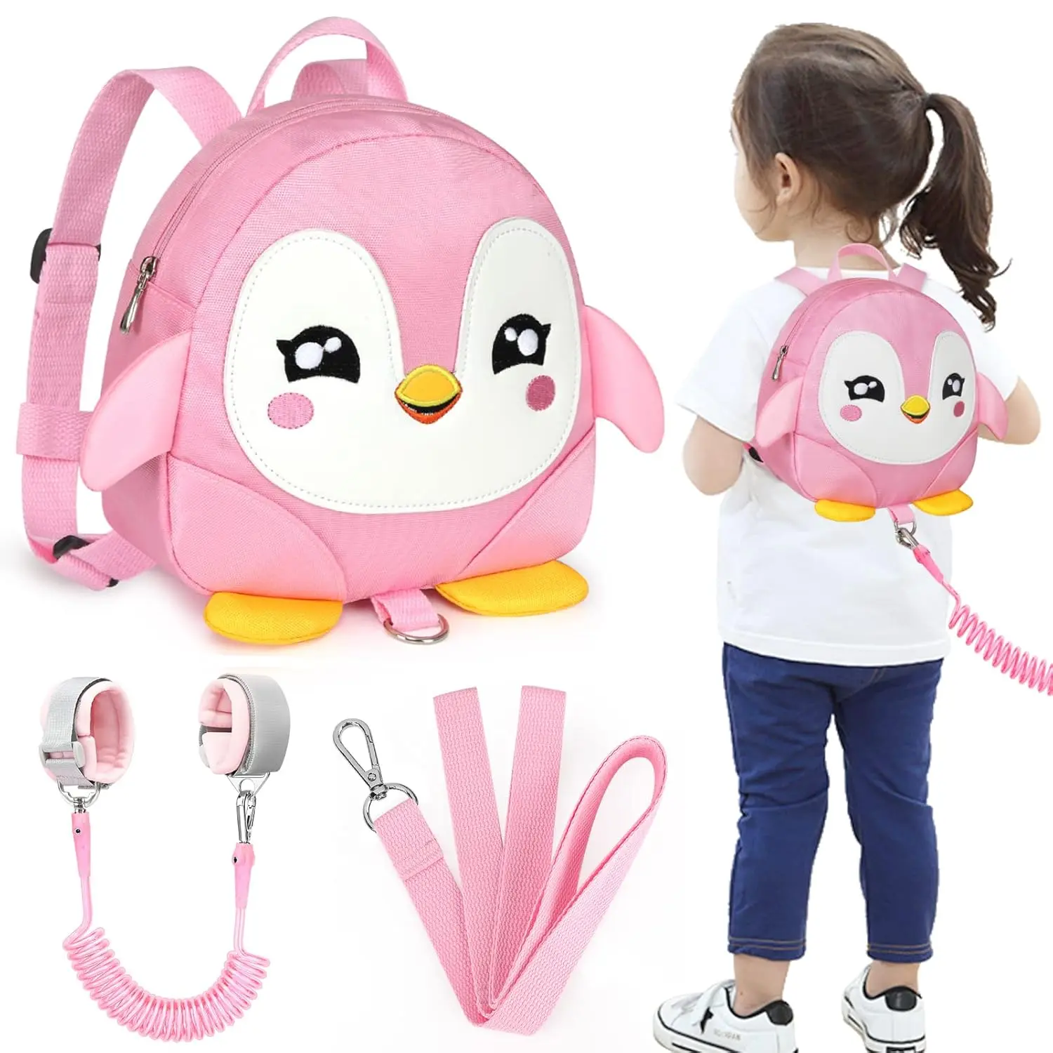 Toddler Harness Backpack Leash, Cute Penguin Kid Backpacks with Anti Lost Wrist Link, Mini Child Backpack Wristband Tether Strap and Protection Leashes Travel Bag Harness Rein for Baby Girls