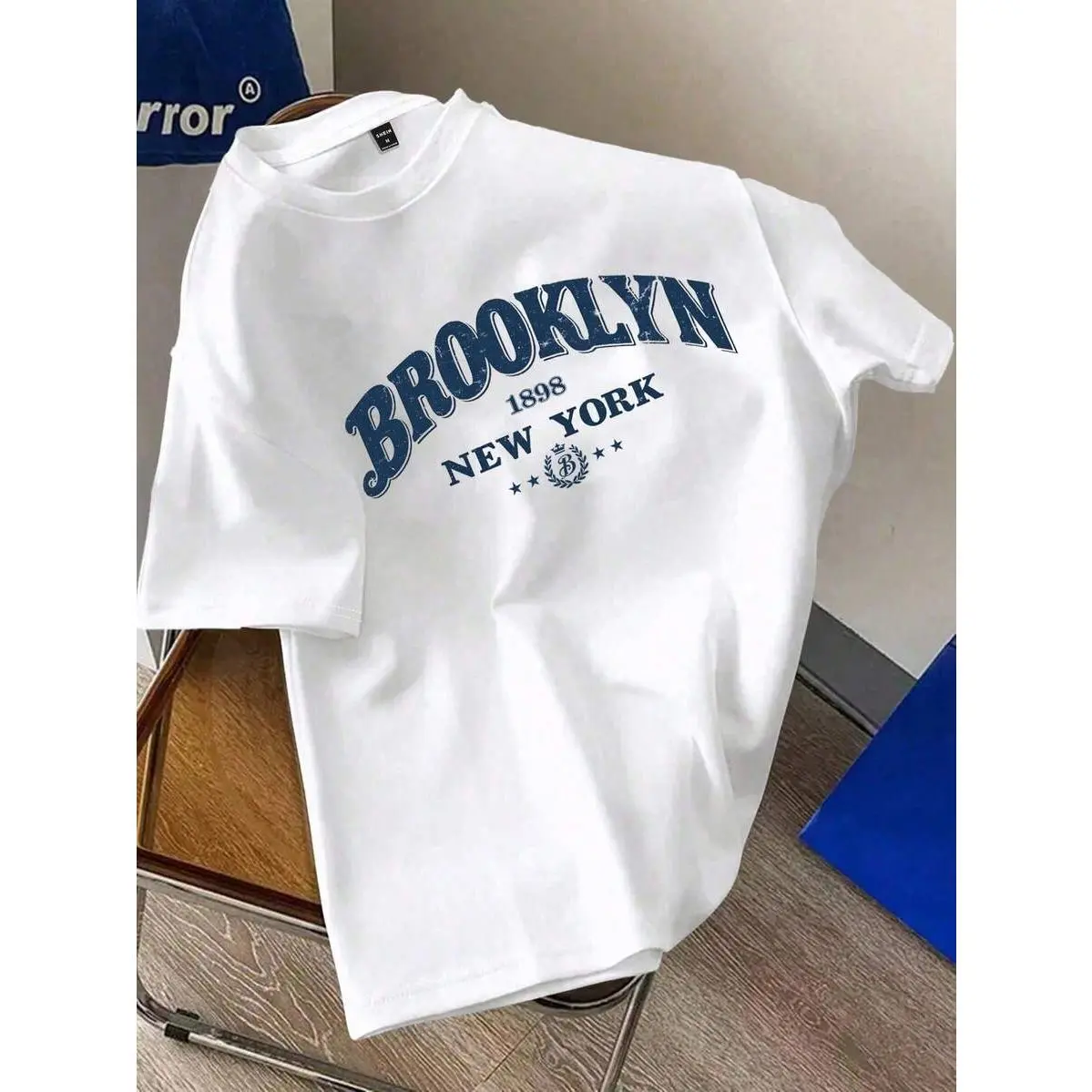 Manfinity Joysei Men’s Thick Spandex Stretch White Short Sleeve Crew Neck Slim Fit T-Shirt, Brooklyn & New York Letter Graphic Print Tops, Summer Streetwear, Office, Holidays/Back-to-School Casual Fashion