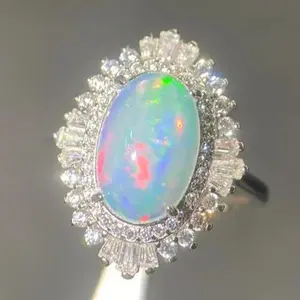 Adjustable 925 Sterling Silver Oval Opal gemstone Halo Ring with Baguette & Round CZ Accents