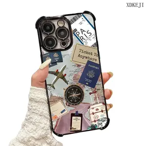 Creative travel map Airplane passport Pattern Four Comers Air Cushion Anti-drop phone case Suitable for iPhone 16 15 14 13 12 11 Pro Max Plus electroplated anti drop case Screen Protector Protection Protective Cover Smartphone Casing Cellphone Shockproof