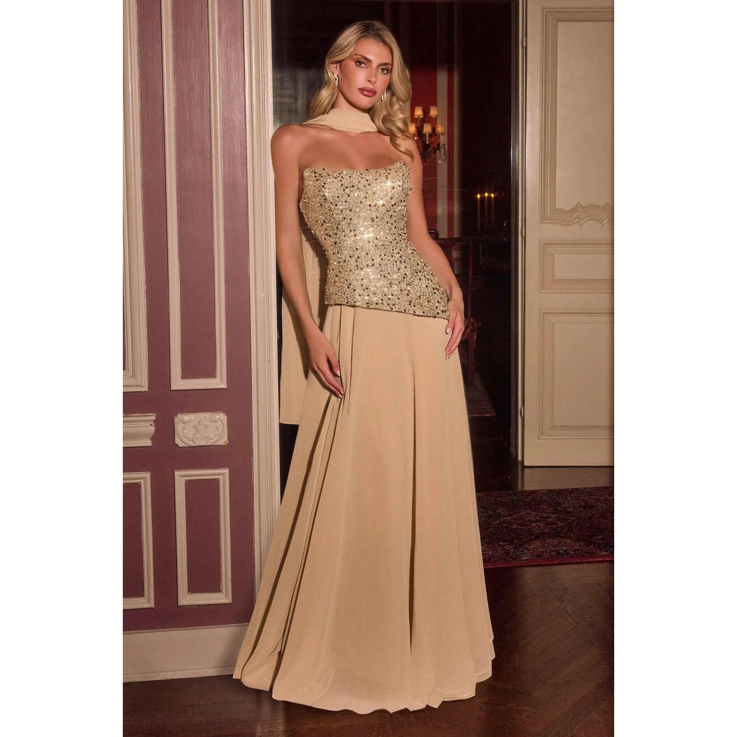 Women's Ladivine CH2603 Sleeveless Boned Bustier Corset Gown - All-Over Gems Embellished, A-Line, Formal Evening Wear
