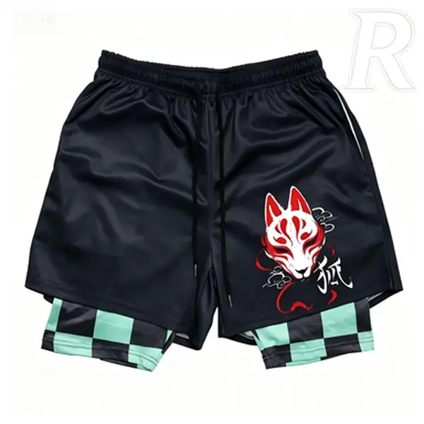 Men's Anime Demon Slayer Tanjiro 2-in-1 Running Shorts - Bilayer Quick-Dry Gym Sportswear, 4th of July Summer Gifts