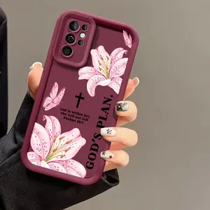 Bibical Cross and Lily Pattern Four Corner Anti-Fall phone case for Samsung S26/S25/S23/S24/S22/S21/NOTE20/PLUS/ULTRA/FE/A54/A53/A52/A36/A35/A34/A33/A17/A16/A15/A14/A13 cover soft shockproof protective Shell Protection Protection Gift for Floral Lover
