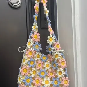 Handmade crochet rainbow flower patchwork hollow shoulder bag