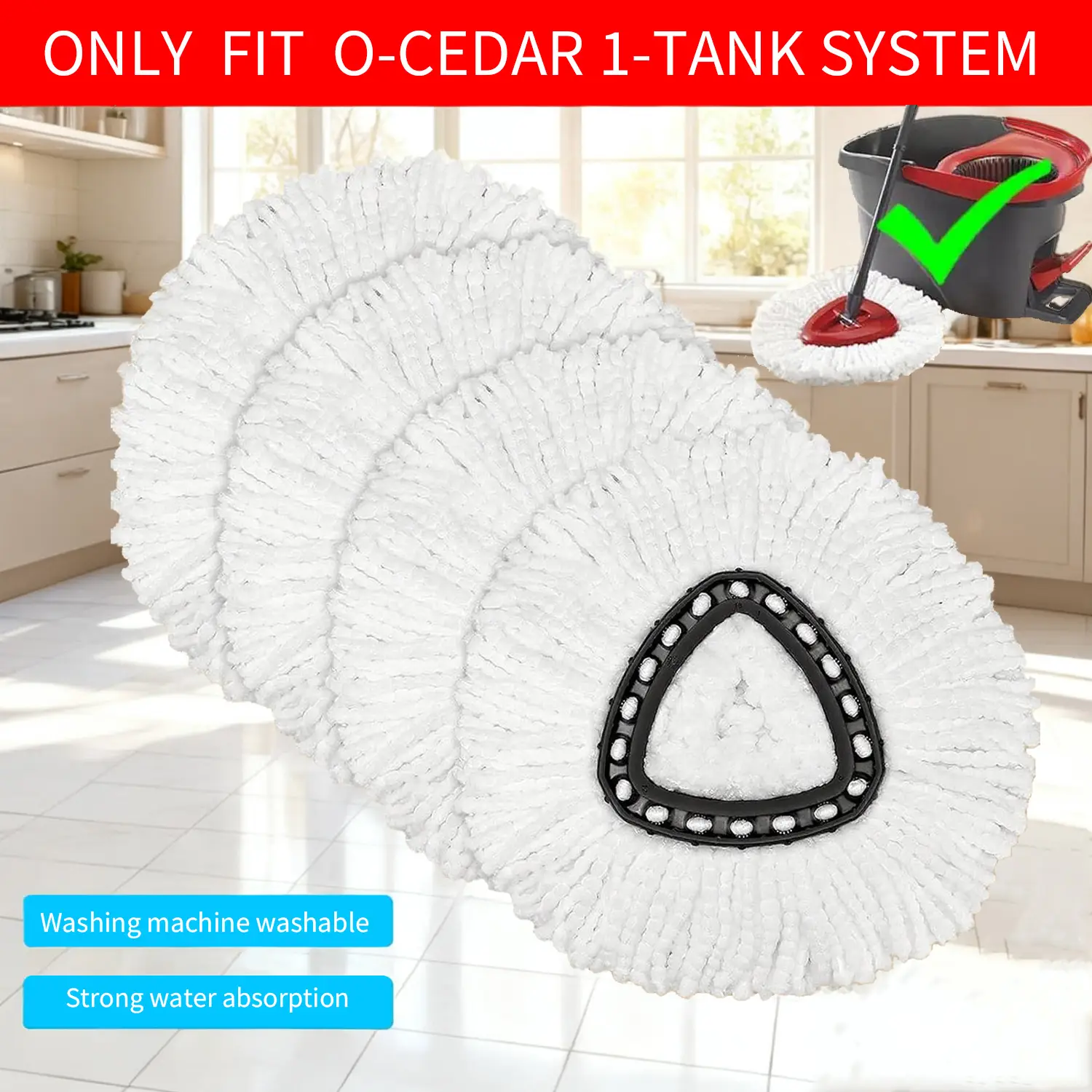 Mop Heads Refills for O-Cedar EasyWring 1 Tank System Microfiber Triangle Spin Mop Replacements Washable for Velida Ocedar clean For Type Cleaning